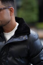 کاپشن پارچه چرم یقه خز پایین خز داخل تمام خز دار - Image 2